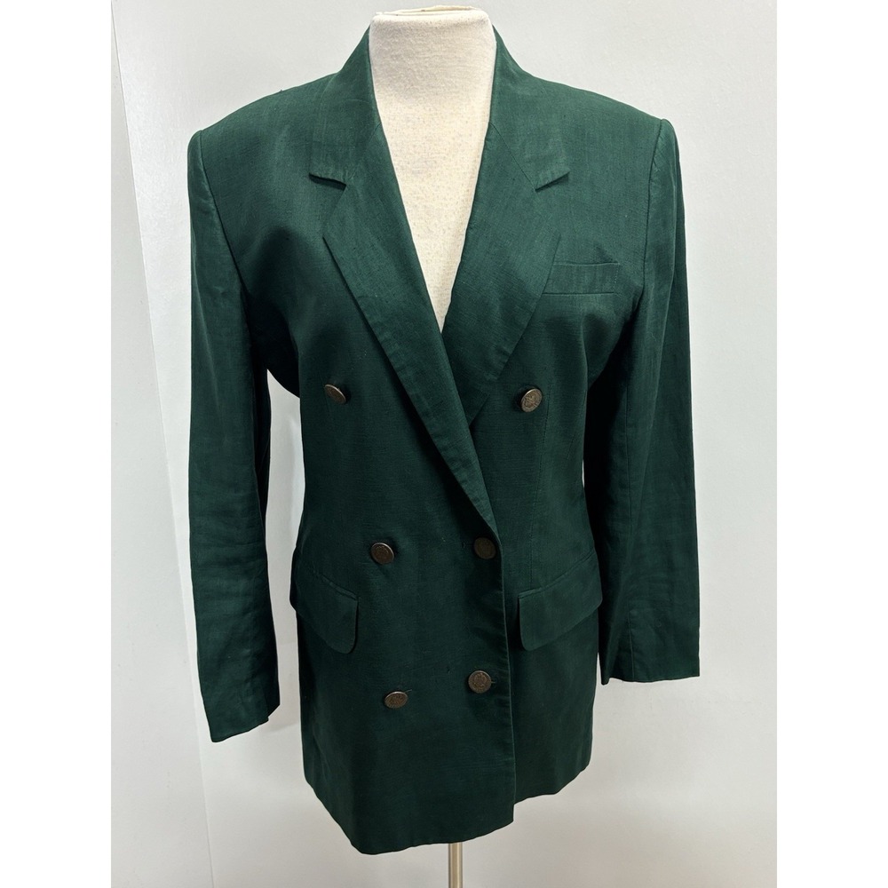 Vtg Jones New York Linen Blazer Jacket Women's 8 Green Double Breasted Peak